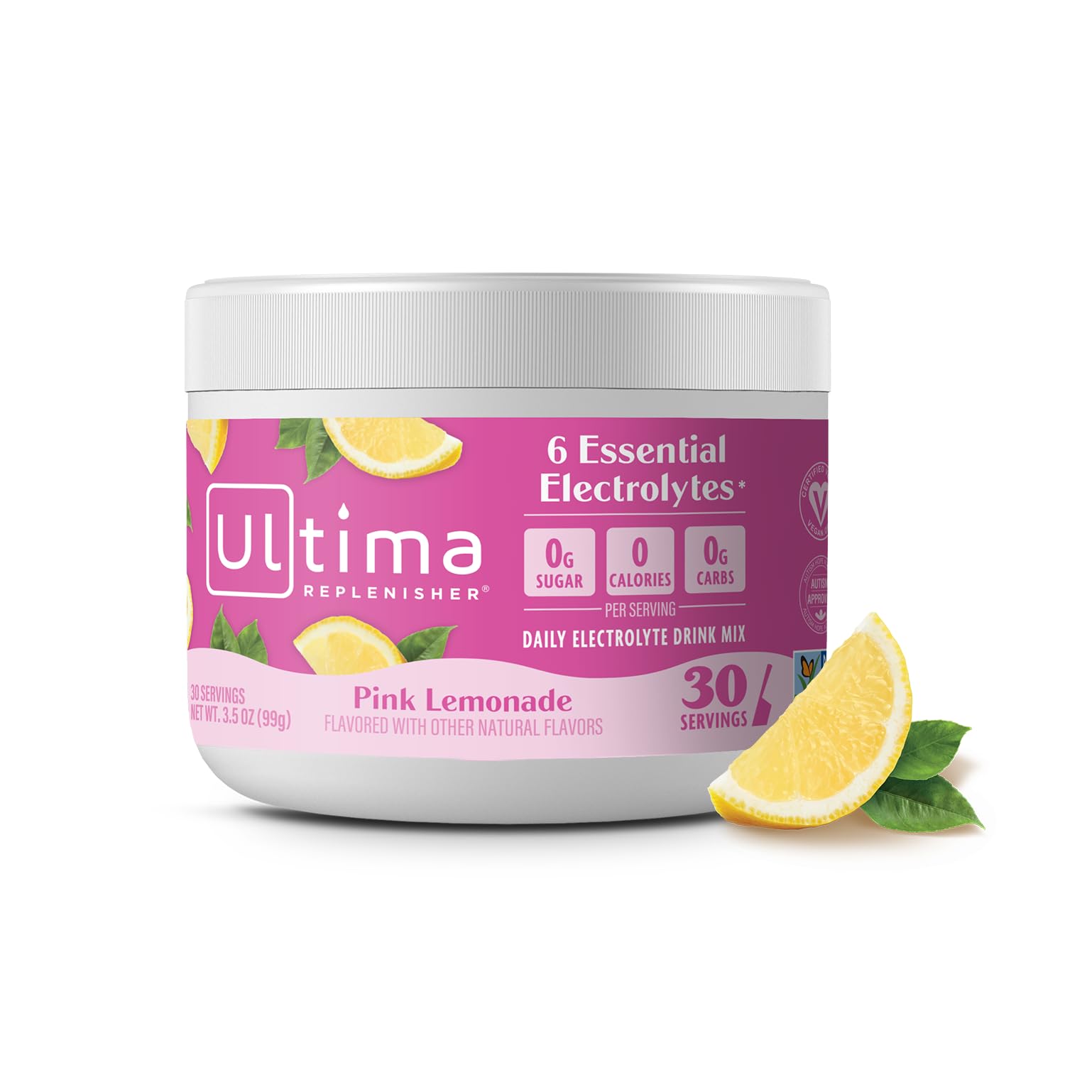 Polvo de electrolitos Ultima Replenisher limon rosado para hidratación diaria.