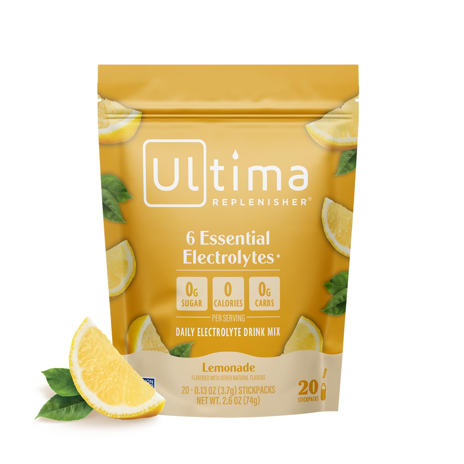 Ultima Replenisher polvos de electrolitos diarios en limonada, para hidratación equilibrada durante el día.