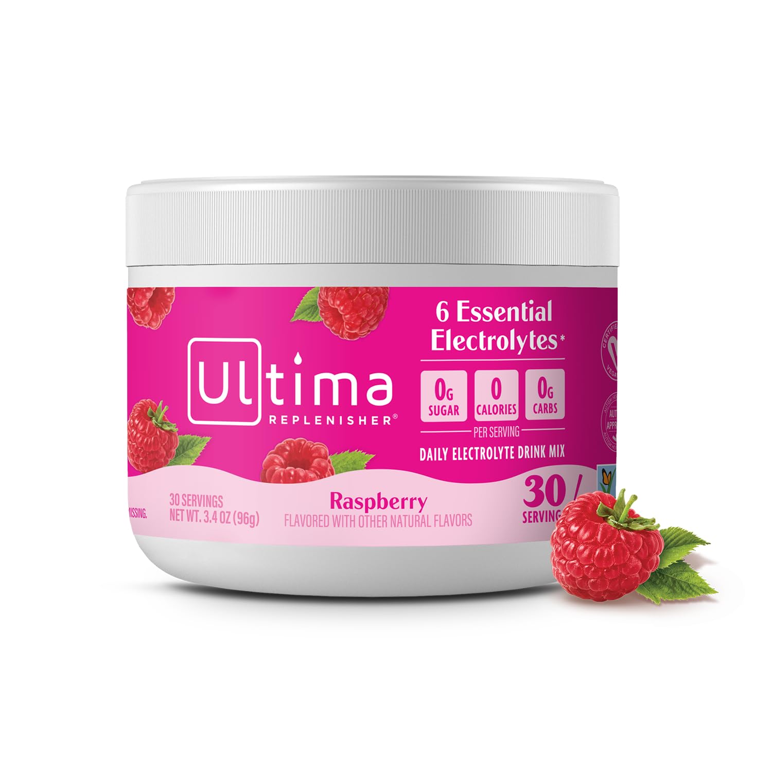 Polvo de Ultima Replenisher frambuesa para hidratación diaria.