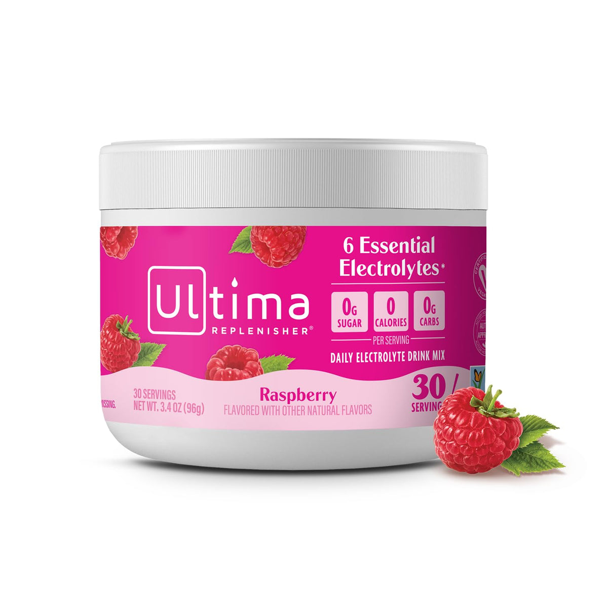 Polvo de Ultima Replenisher frambuesa para hidratación diaria.
