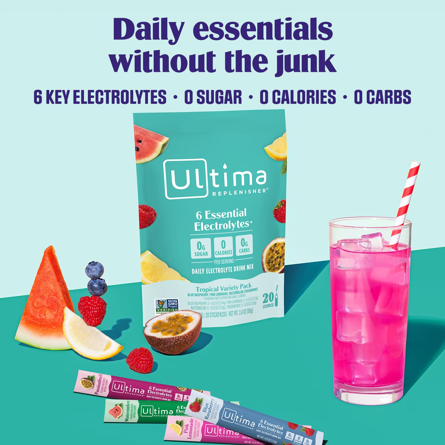 Ultima Replenisher sabor frambuesa-azul, electrolitos para energía sostenida.