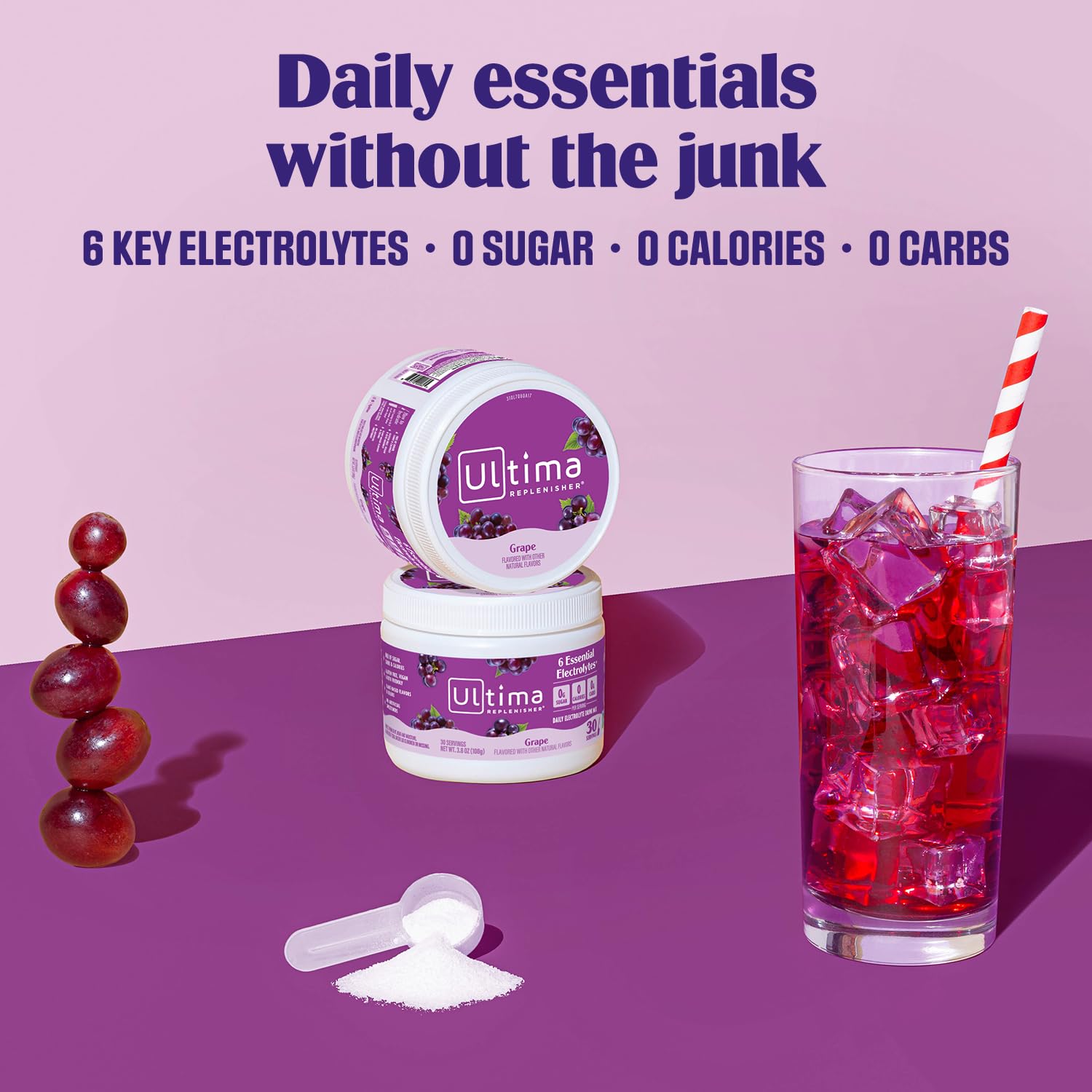 Vaso con agua y mezcla de Ultima Replenisher para bebida refrescante.
