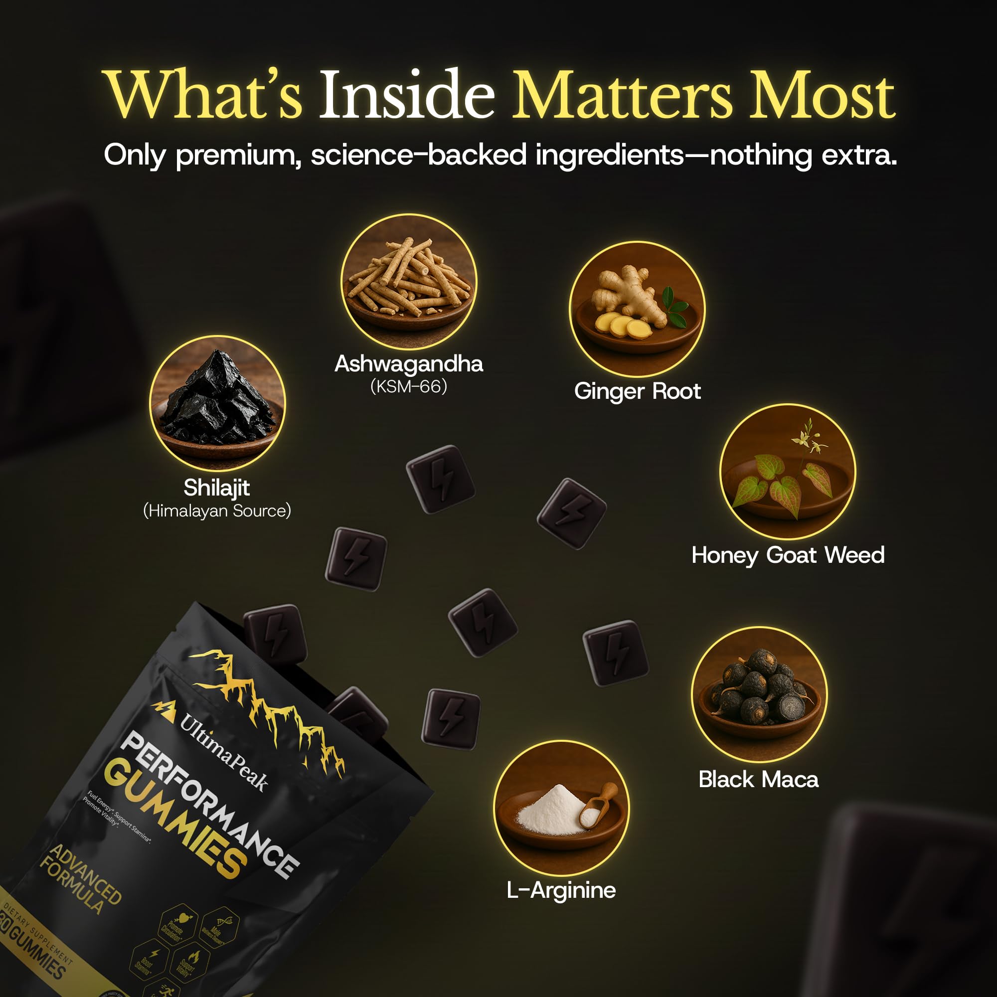 UltimaPeak Shilajit: ingredientes clave en gomitas.
