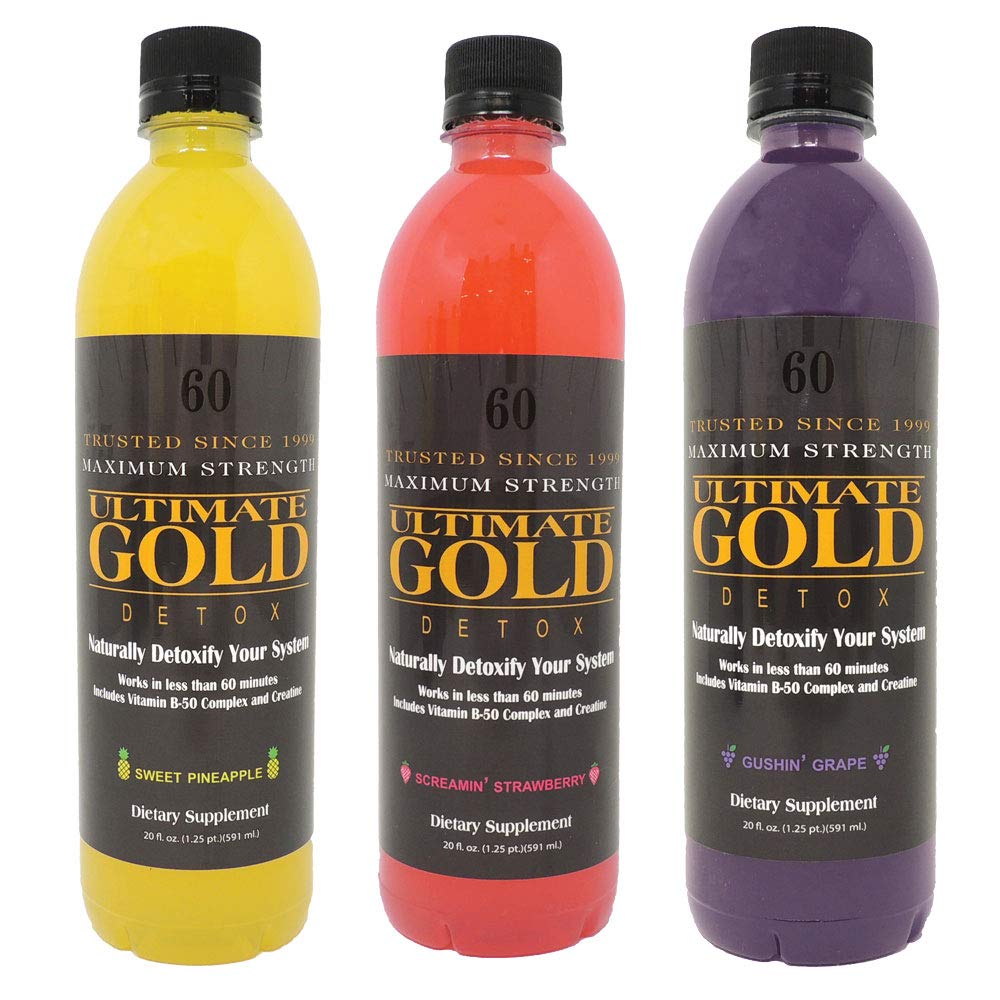 Ultimate Gold bebida desintoxicante 20oz, etiqueta detallada, lista para uso rápido.
