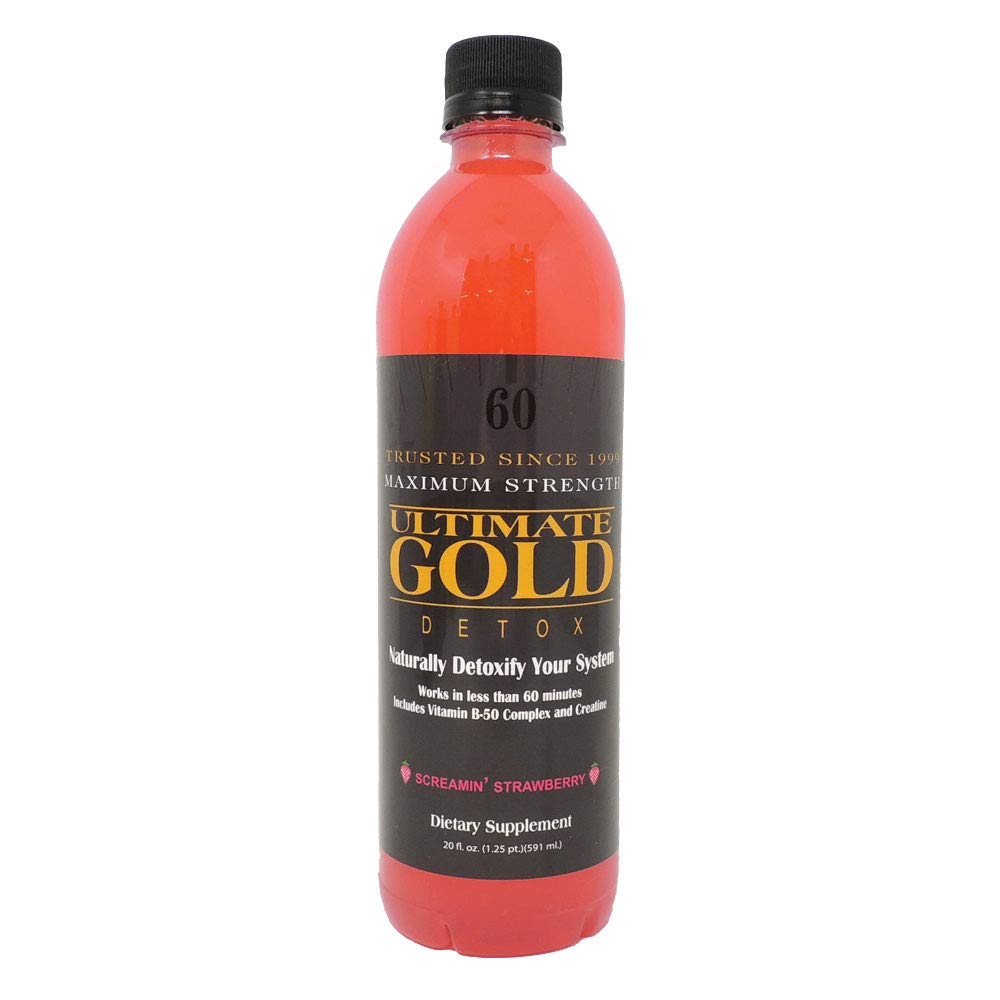 Ultimate Gold bebida desintoxicante 20oz, frente de la botella, promueve claridad y vitalidad.