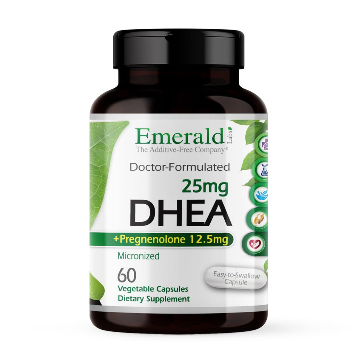 Ultra Botanicals Emerald Labs DHEA 25mg, botella de cápsulas vegetales, posible apoyo hormonal diario