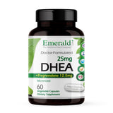 Ultra Botanicals Emerald Labs DHEA 25mg, botella de cápsulas vegetales, posible apoyo hormonal diario
