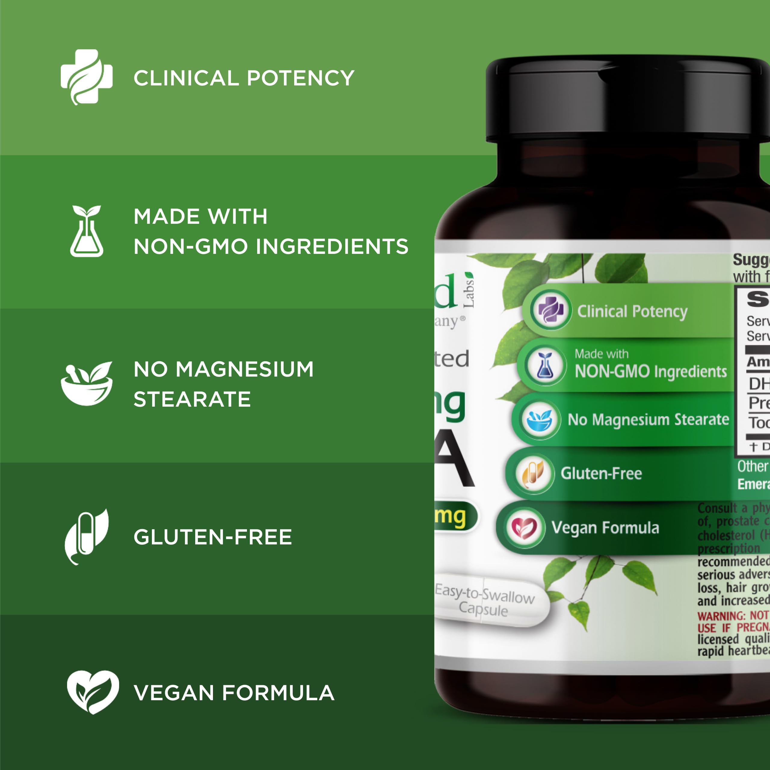 Ultra Botanicals Emerald Labs DHEA 25mg, frente del envase, fórmula sin gluten