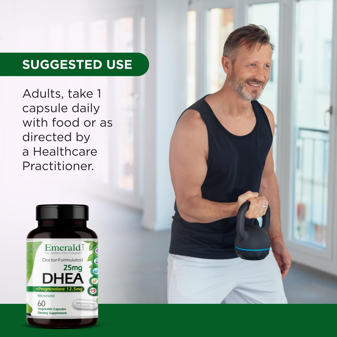 Ultra Botanicals Emerald Labs DHEA 25mg, icono sin gluten, opción apta para dietas