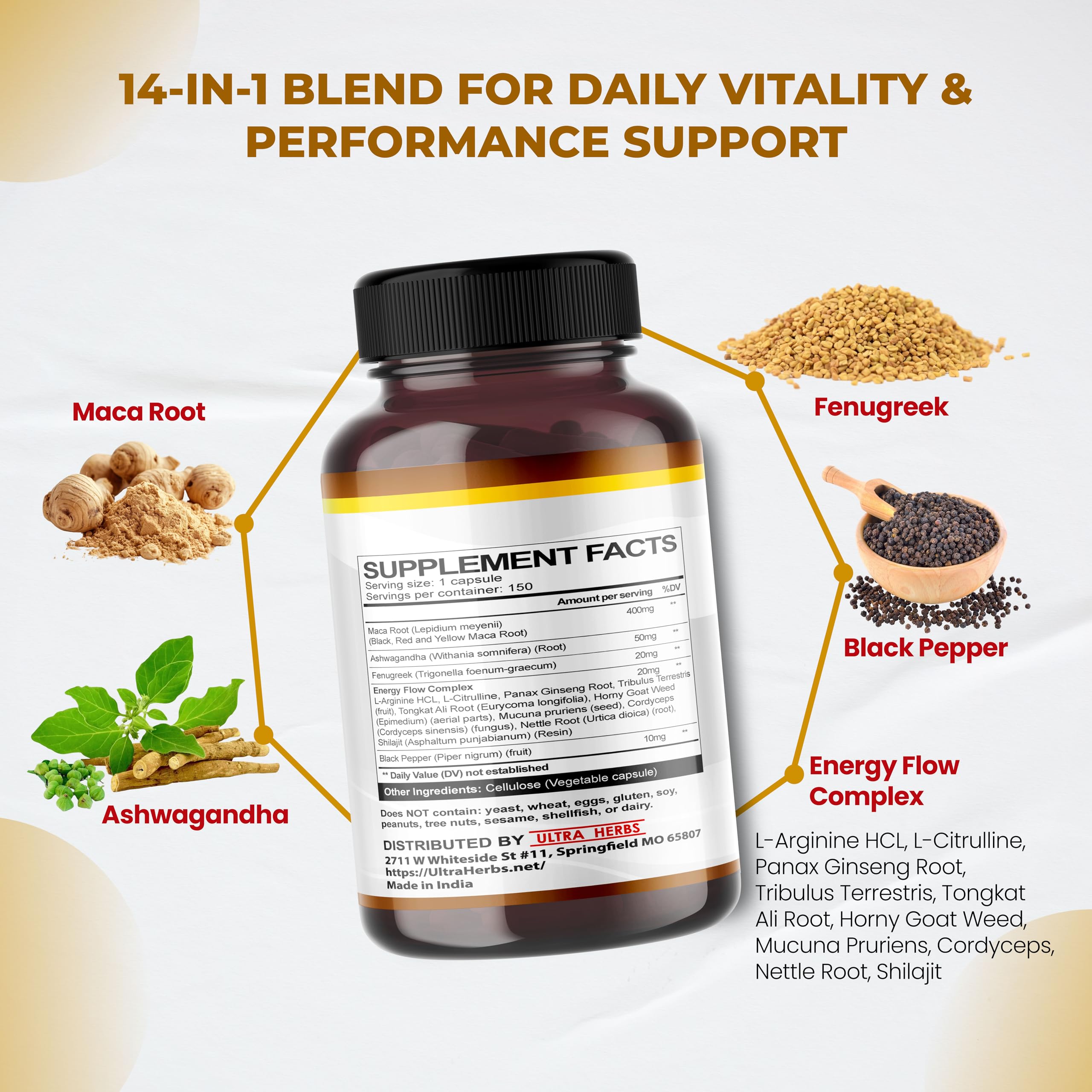 Ultra Herbs maca amarilla en botella, sensación de vitalidad sostenida.