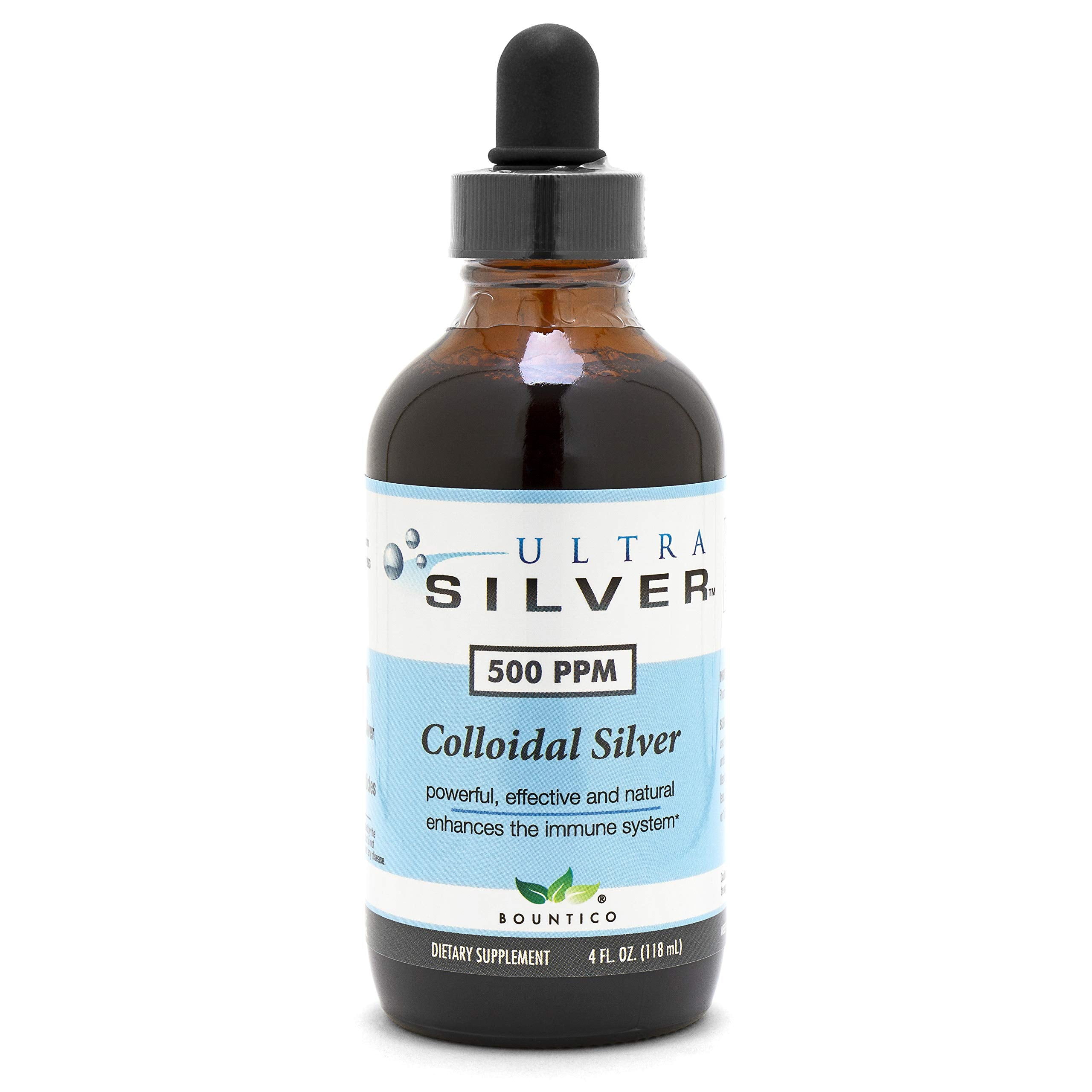 Ultra Silver plata coloidal 500ppm en botella de vidrio ámbar para uso diario.