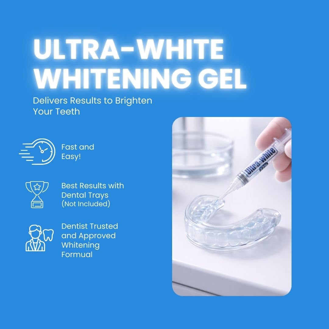 Ultra White gel blanqueador, bandeja dental en uso para resultados visibles.
