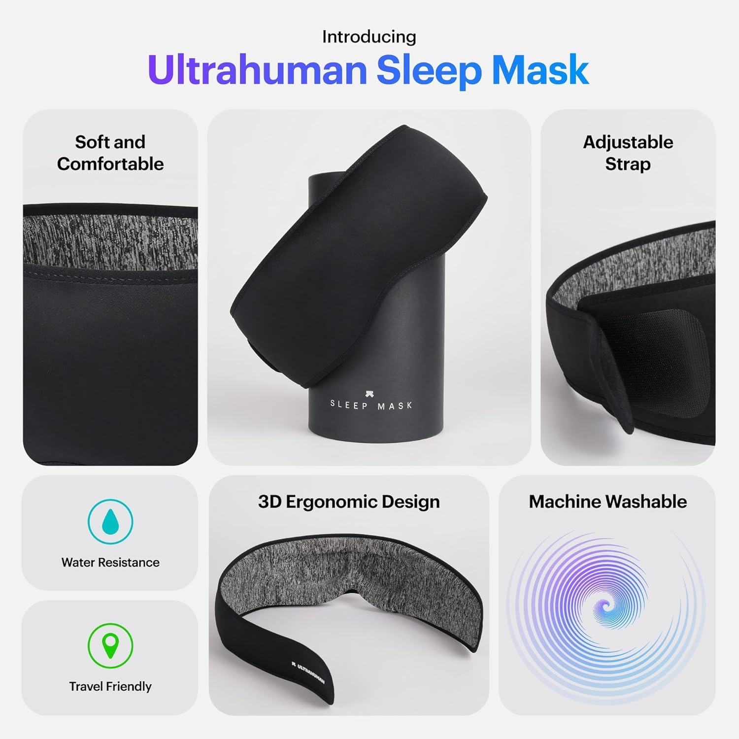 Ultrahuman mascara sueño ajuste sin presión para confort prolongado.