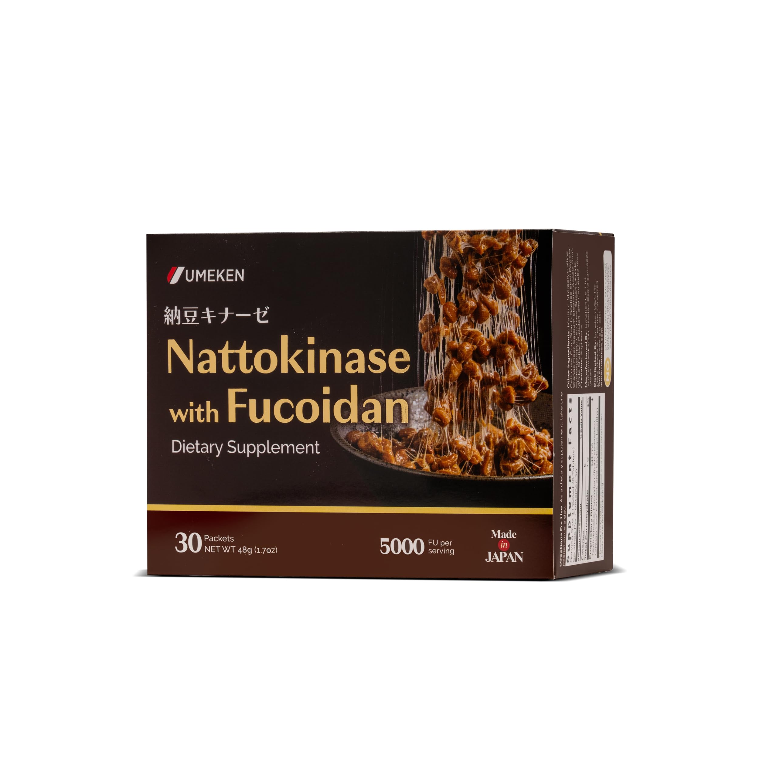 Umeken Nattokinase Fucoidan en envase para almacenamiento cómodo del suplemento.