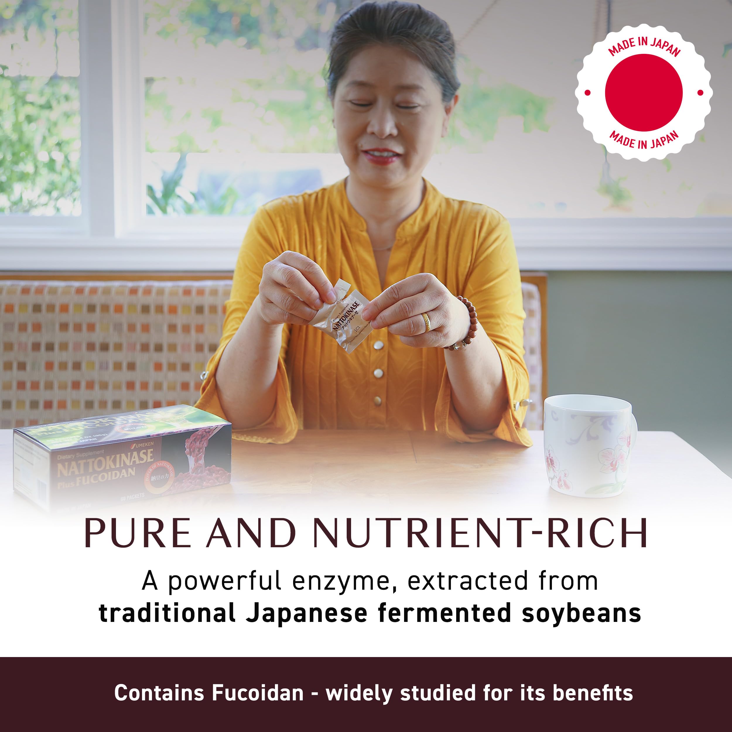 Etiqueta de Umeken Nattokinase Fucoidan resume beneficios y modo de uso.