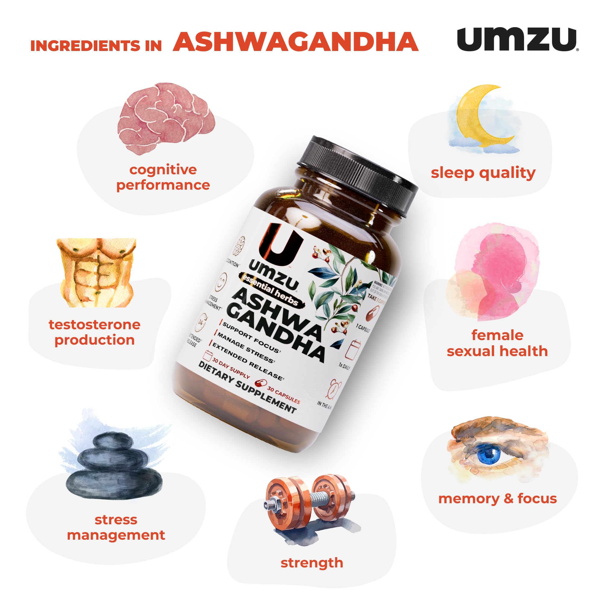 UMZU Ashwagandha - etiqueta frontal, información clara sobre calidad y uso diario.