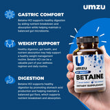 UMZU Betaine HCl: botella de cápsulas para consumo diario.
