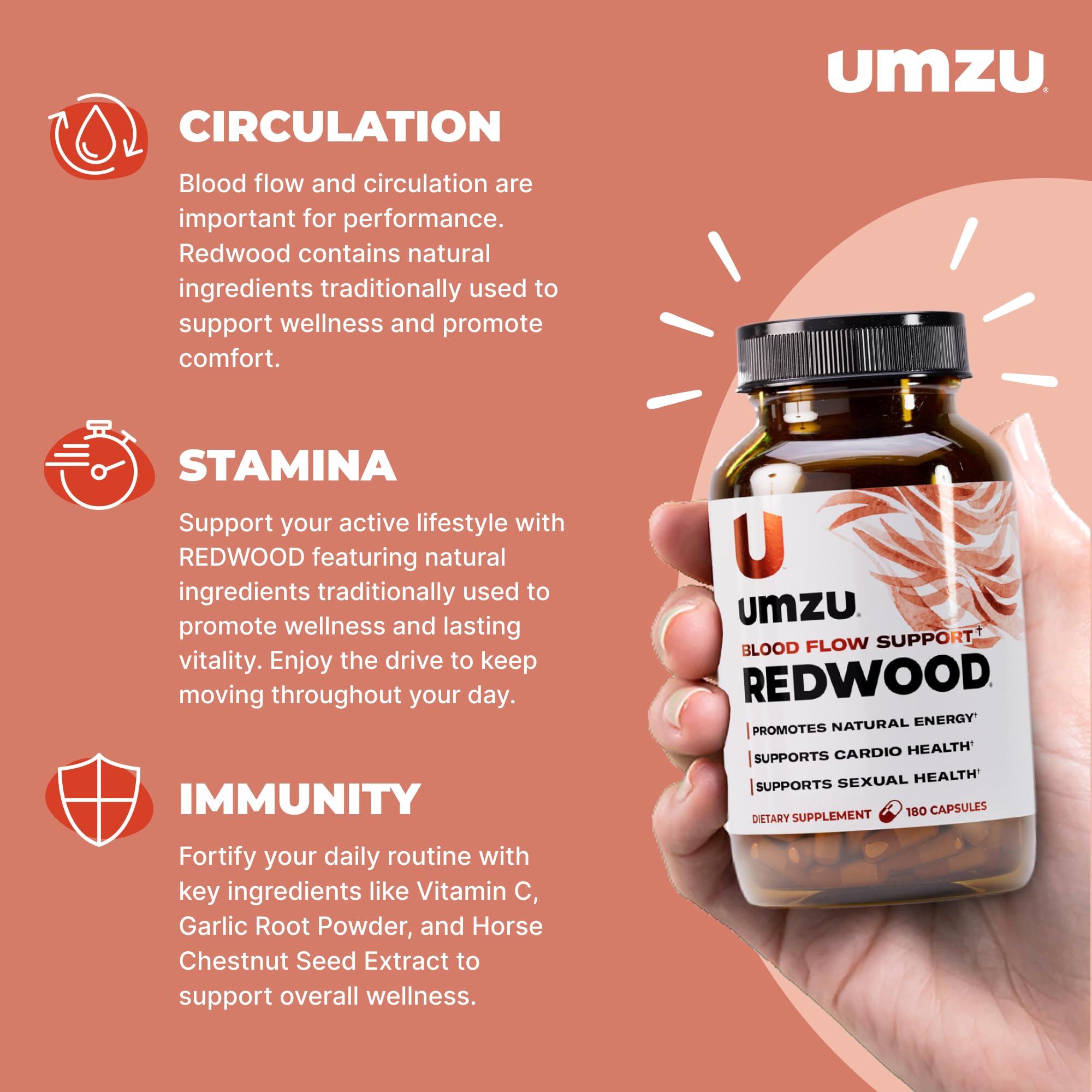 UMZU Redwood, etiqueta del producto con ingredientes destacados