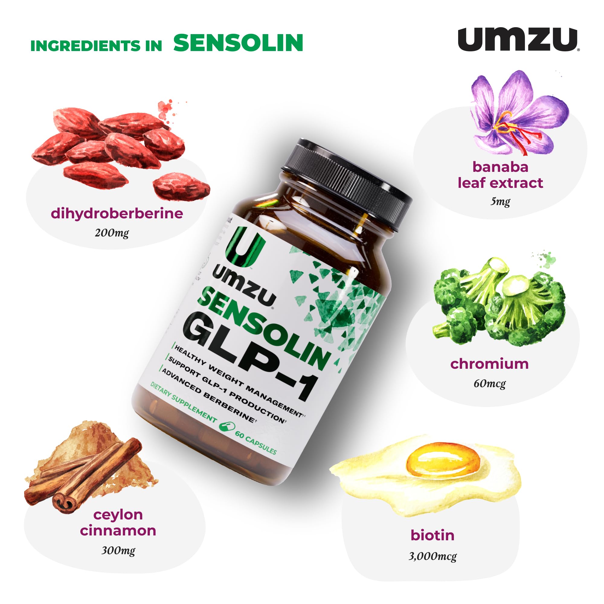 UMZU Sensolin: etiqueta de ingredientes con dihidroberberina y canela de Ceilán.