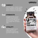 Frasco de UMZU Testro-X con cápsulas y etiqueta visible