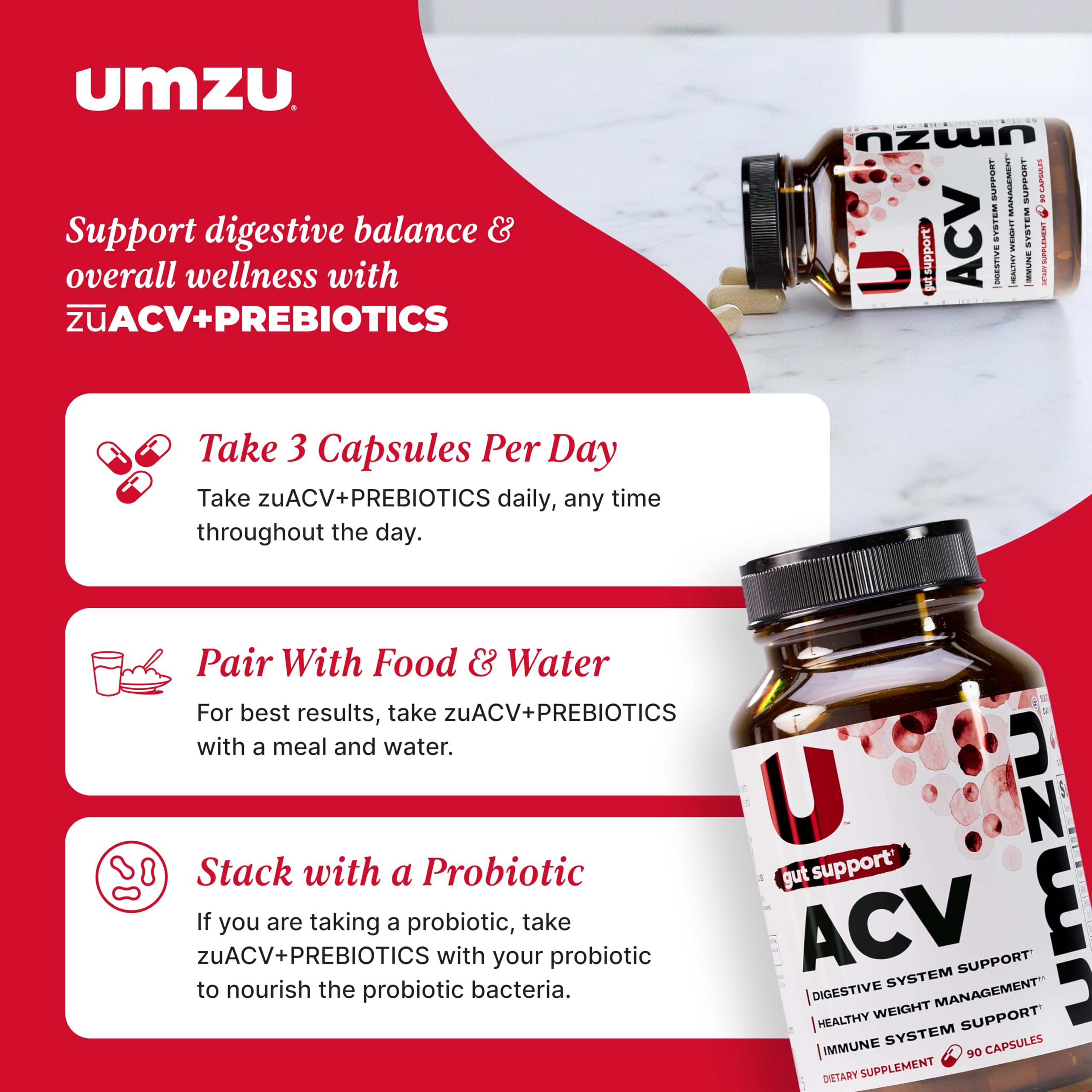 UMZU zuACV prebióticos para soporte de microbiota saludable.