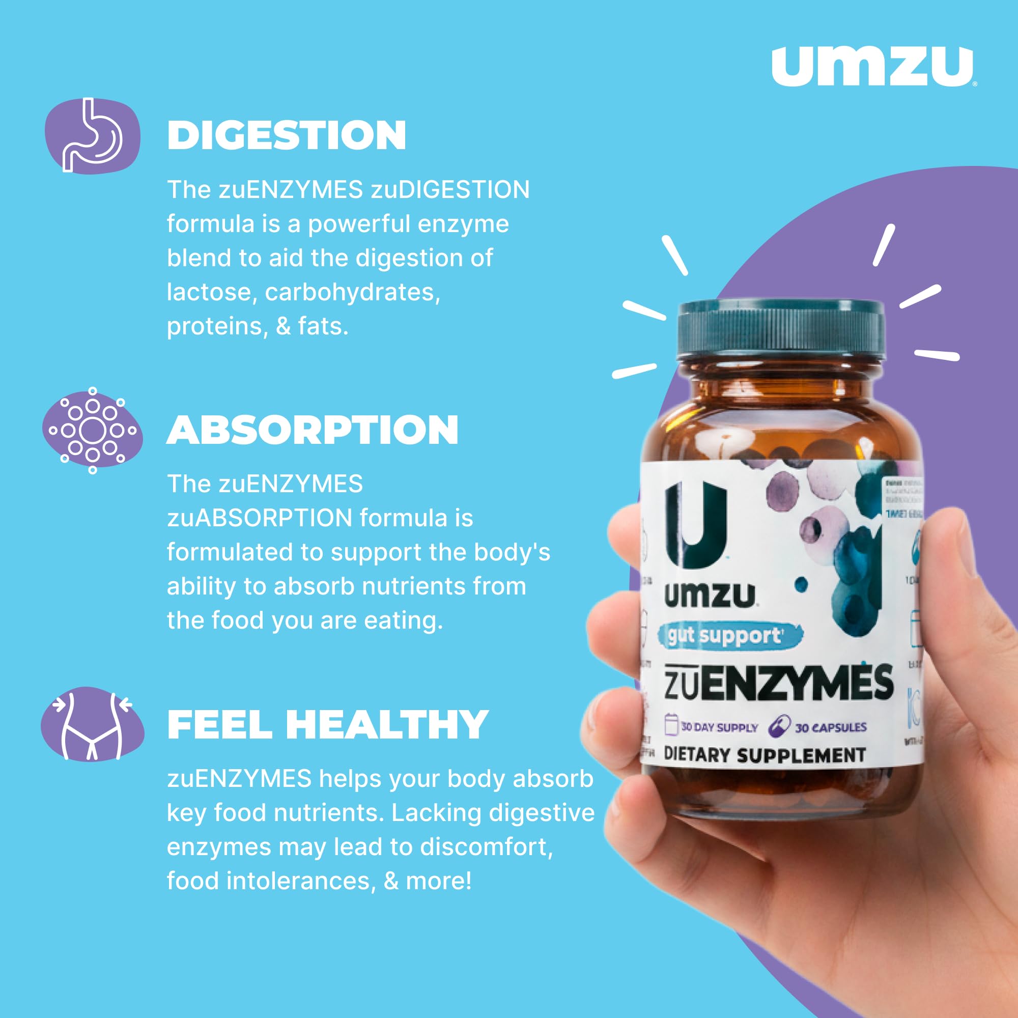 UMZU zuEnzymes: etiqueta con información clara y diseño limpio para confianza.
