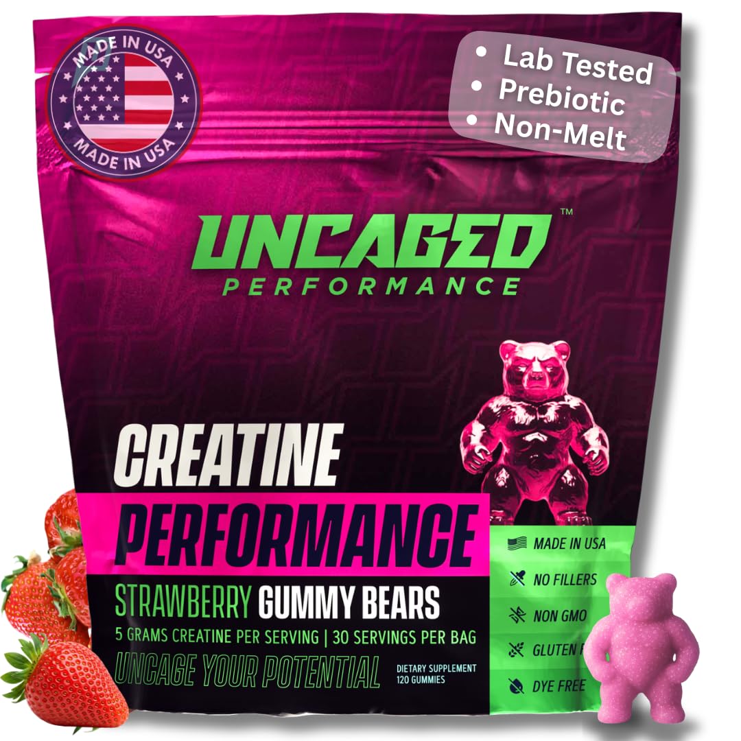 Uncaged Performance creatina gomitas, bote de 5000 mg, sabor fresa, para fuerza y resistencia