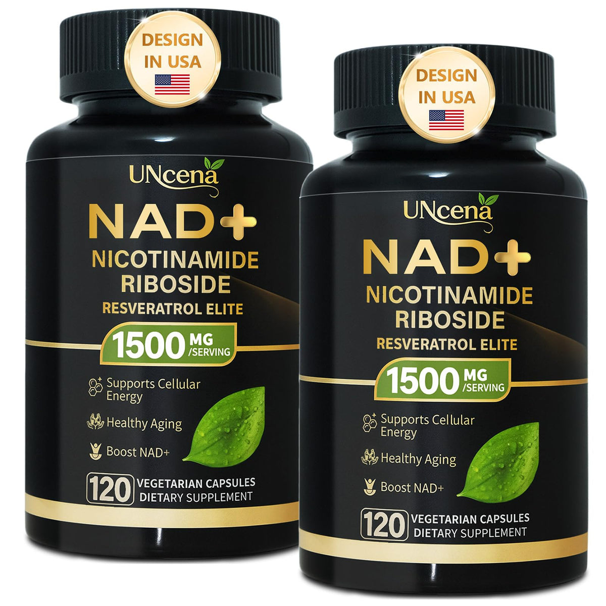 UNcena NAD 1500 mg, frasco frente, apoyo a la energía celular.