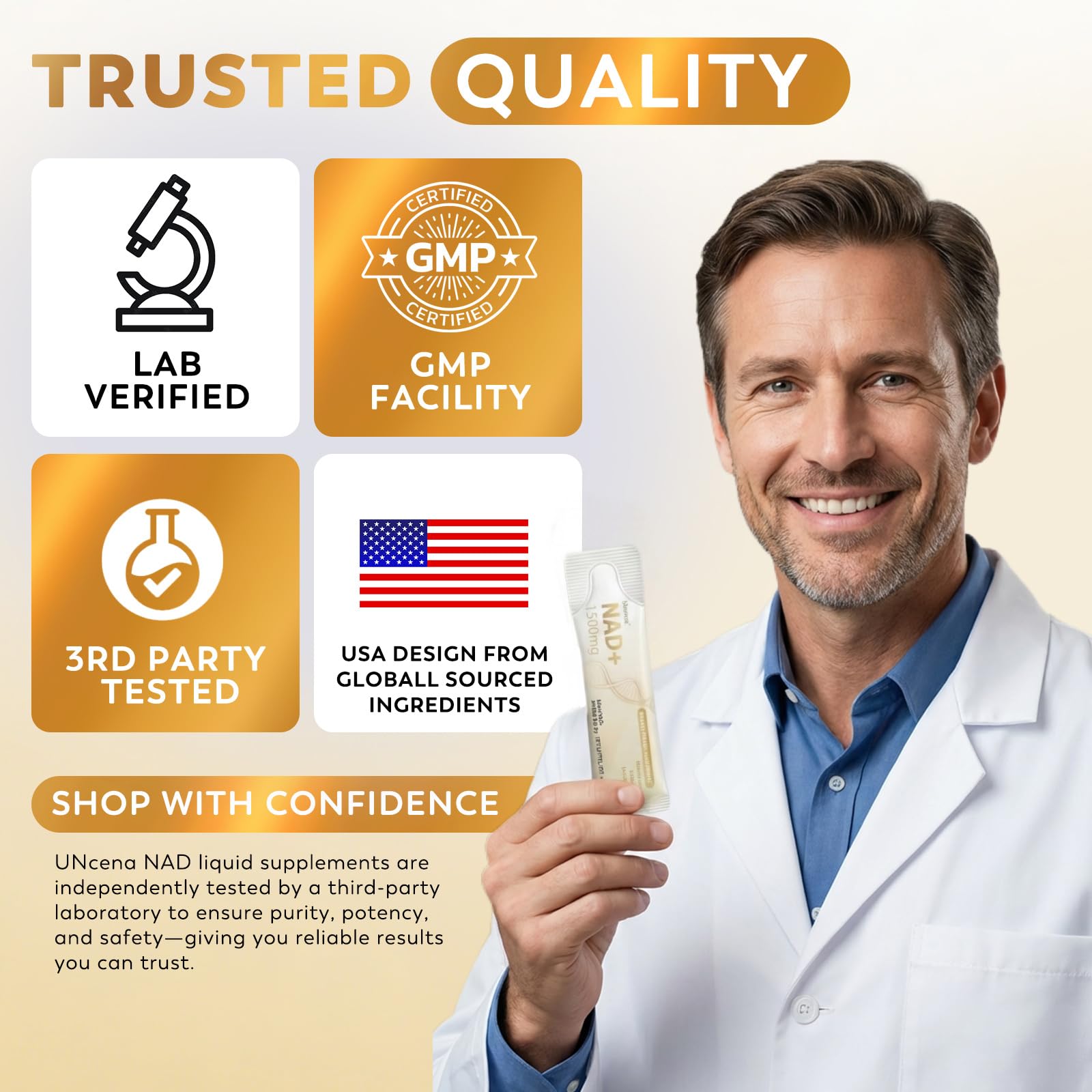 Presentación de ingredientes clave como Resveratrol, CoQ10 y NR en UNcena NAD.