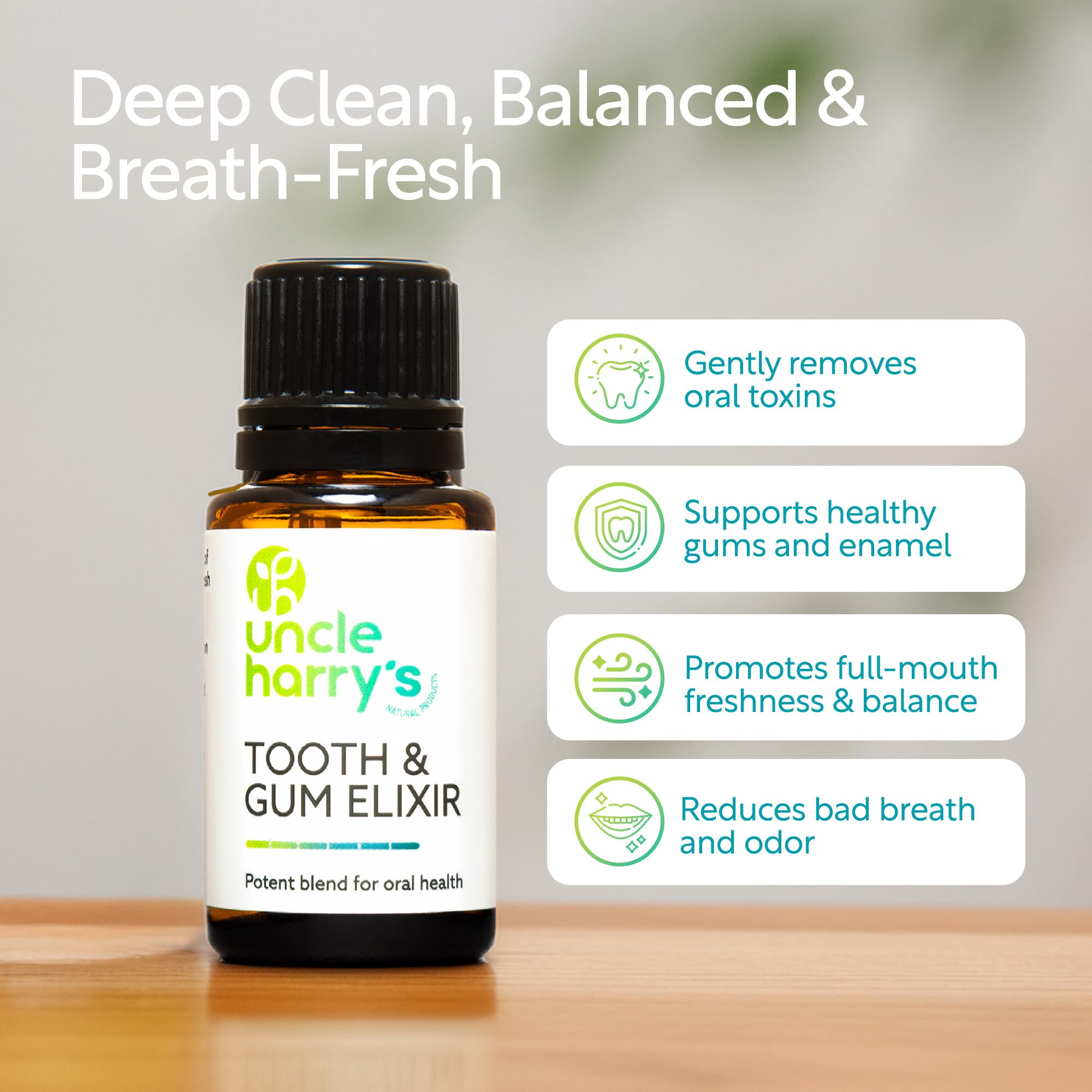 Elixir dental Uncle Harry's con gotas para uso diario y higiene.