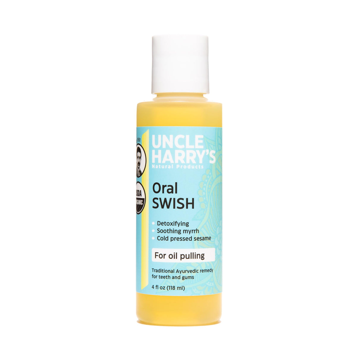 Uncle Harry's Oral Swish en botella de 4 oz para refrescar el aliento y cuidar la higiene bucal.