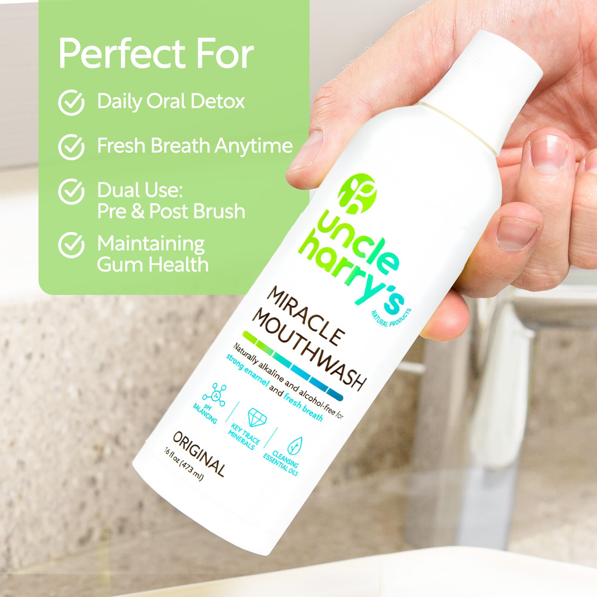 Uncle Harry's enjuague bucal milagroso fortalece dientes con minerales esenciales.