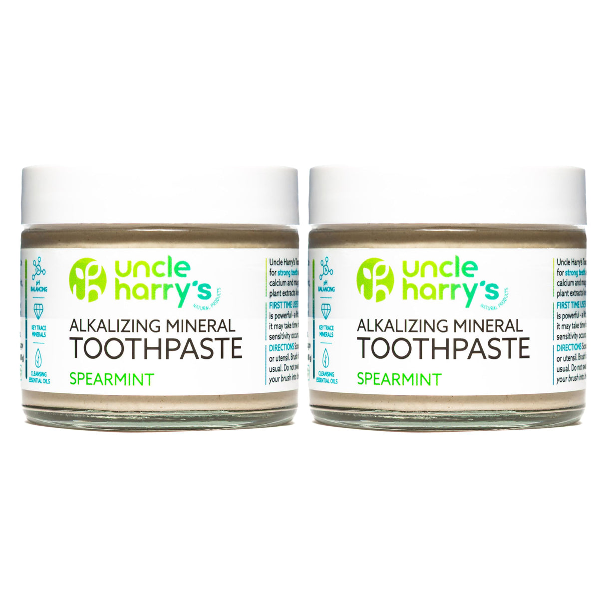 Pasta dental Uncle Harry's Spearmint en frasco de vidrio, aliento fresco.