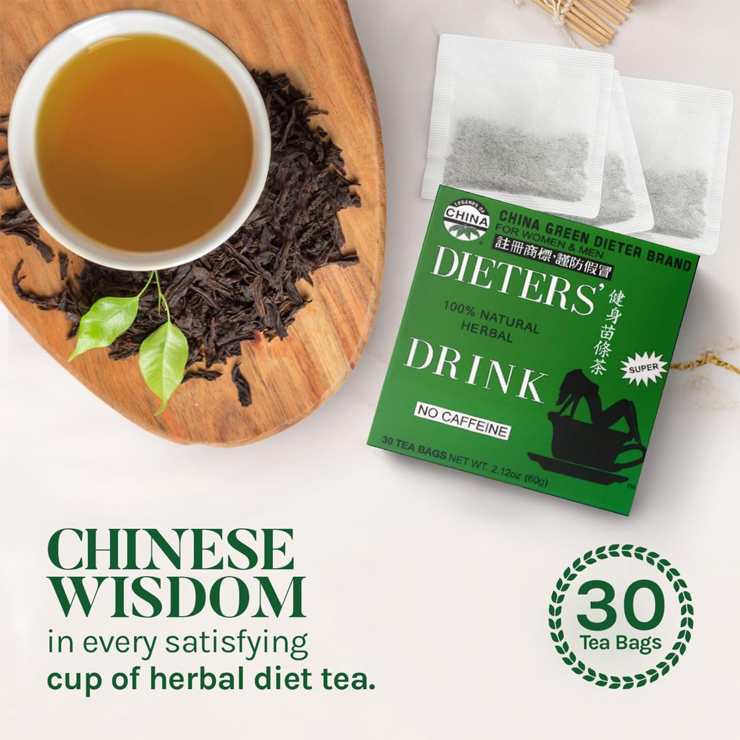 Uncle Lee's Tea China Green Dieters, taza en mano, sabor suave sin cafeína.