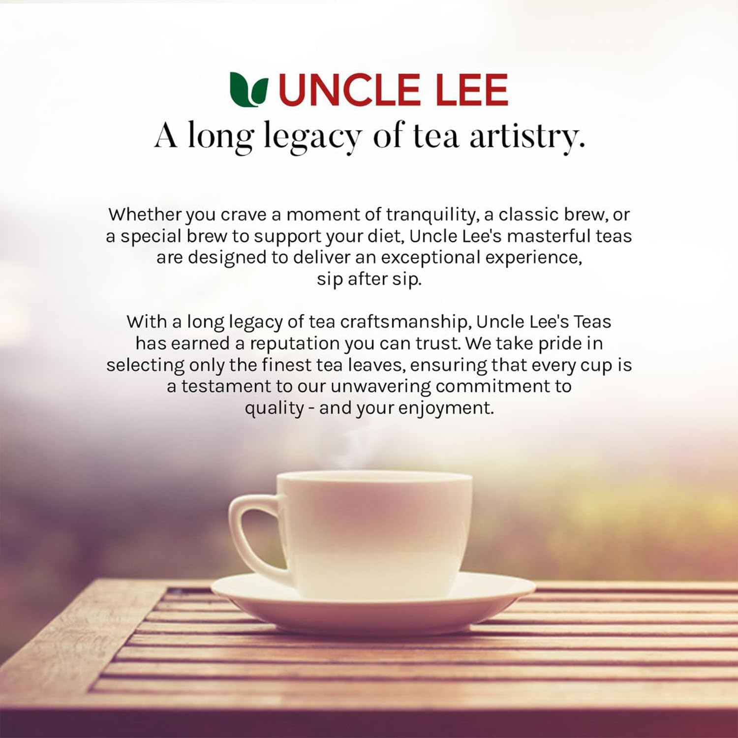 Uncle Lee's Tea estilo de vida sin cafeína, ideal para hidratación diaria.
