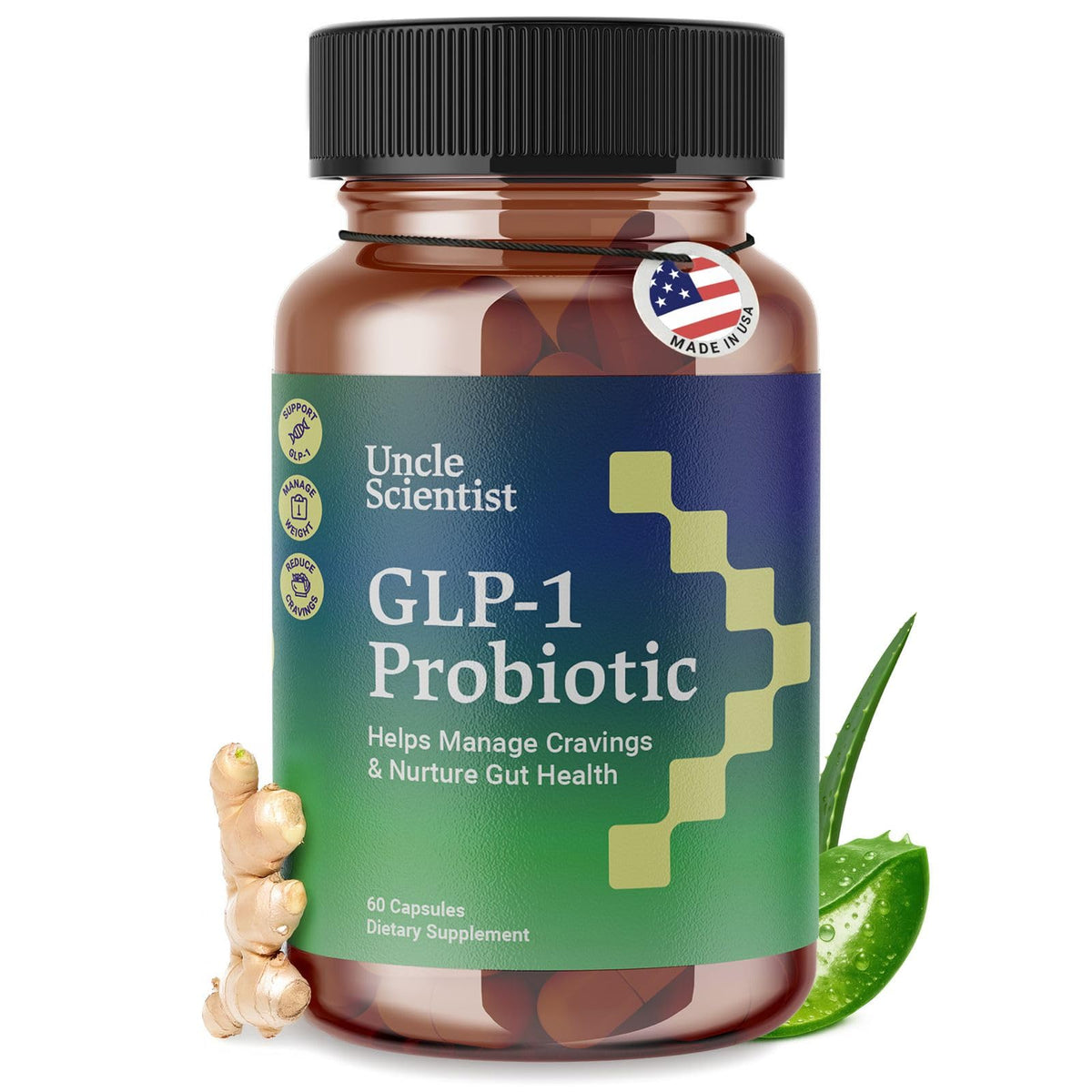 Uncle Scientist GLP-1 Probiótico botella: rutina diaria con apoyo metabólico.
