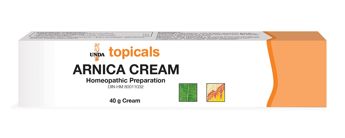 UNDA Arnica Crema frente del envase para cuidado suave de la piel.