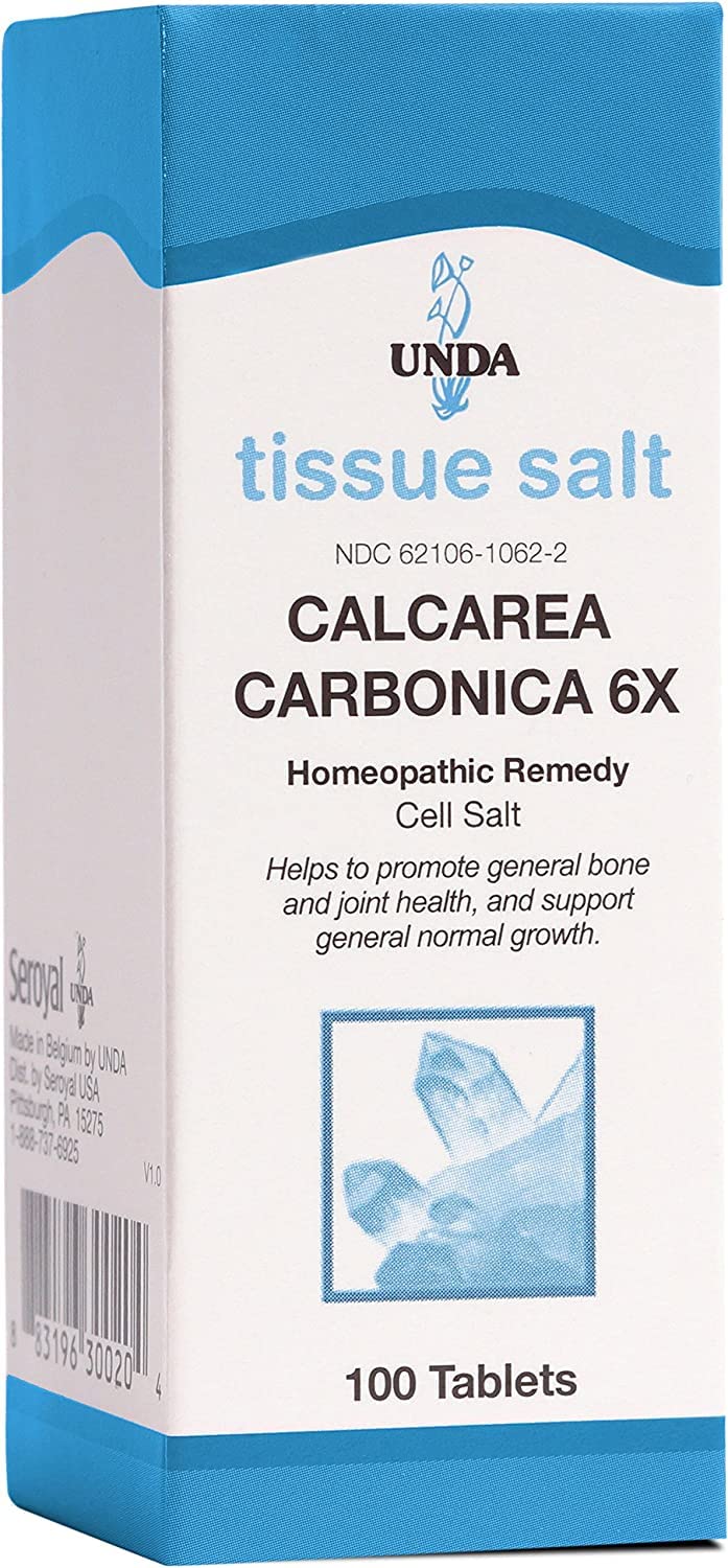 UNDA Calcarea Carbonica 6X, tabletas frente a fondo, posible apoyo a la salud ósea