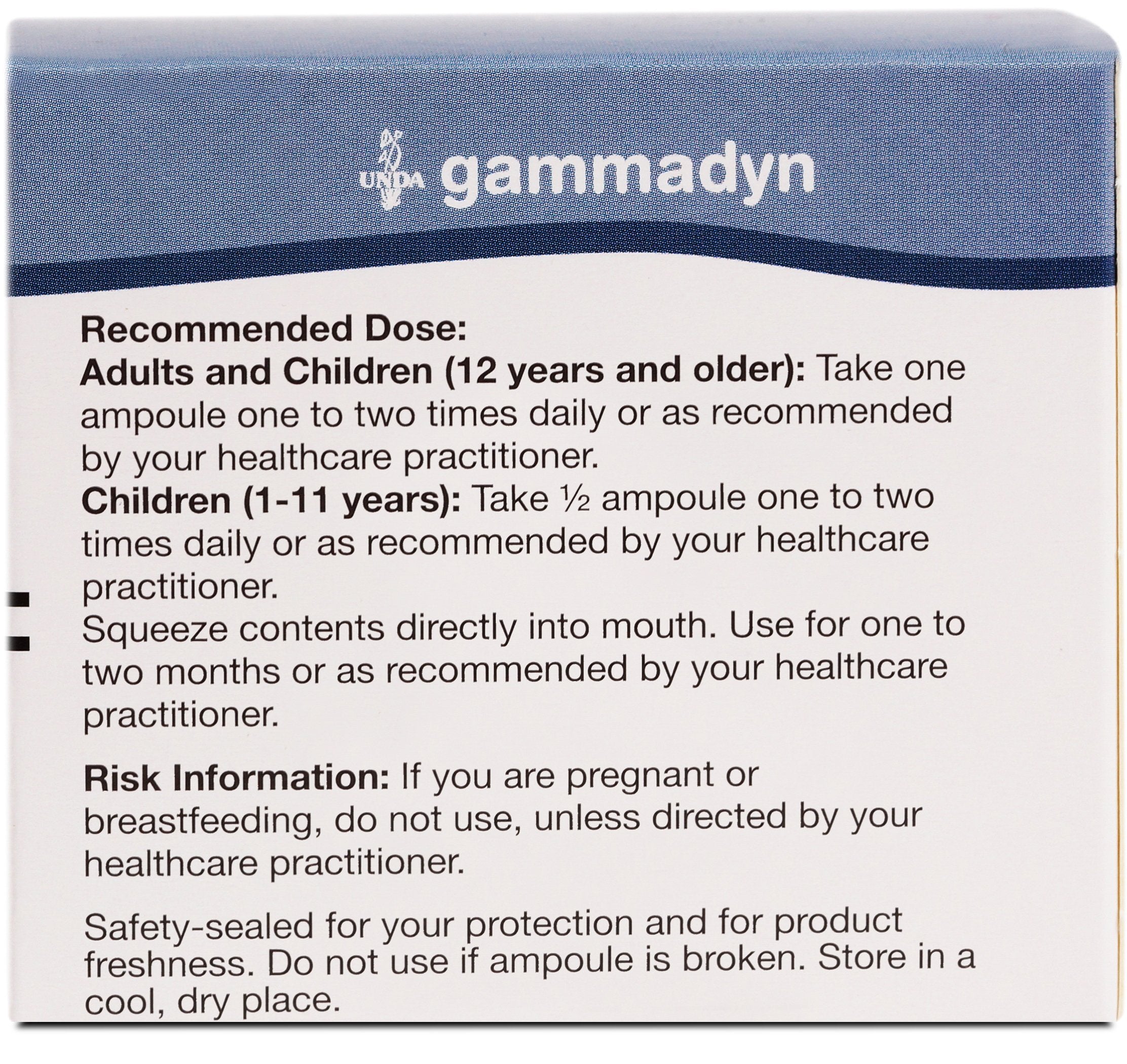 Etiqueta frontal de UNDA Gammadyn Zn-Cu con indicaciones y beneficios posibles.