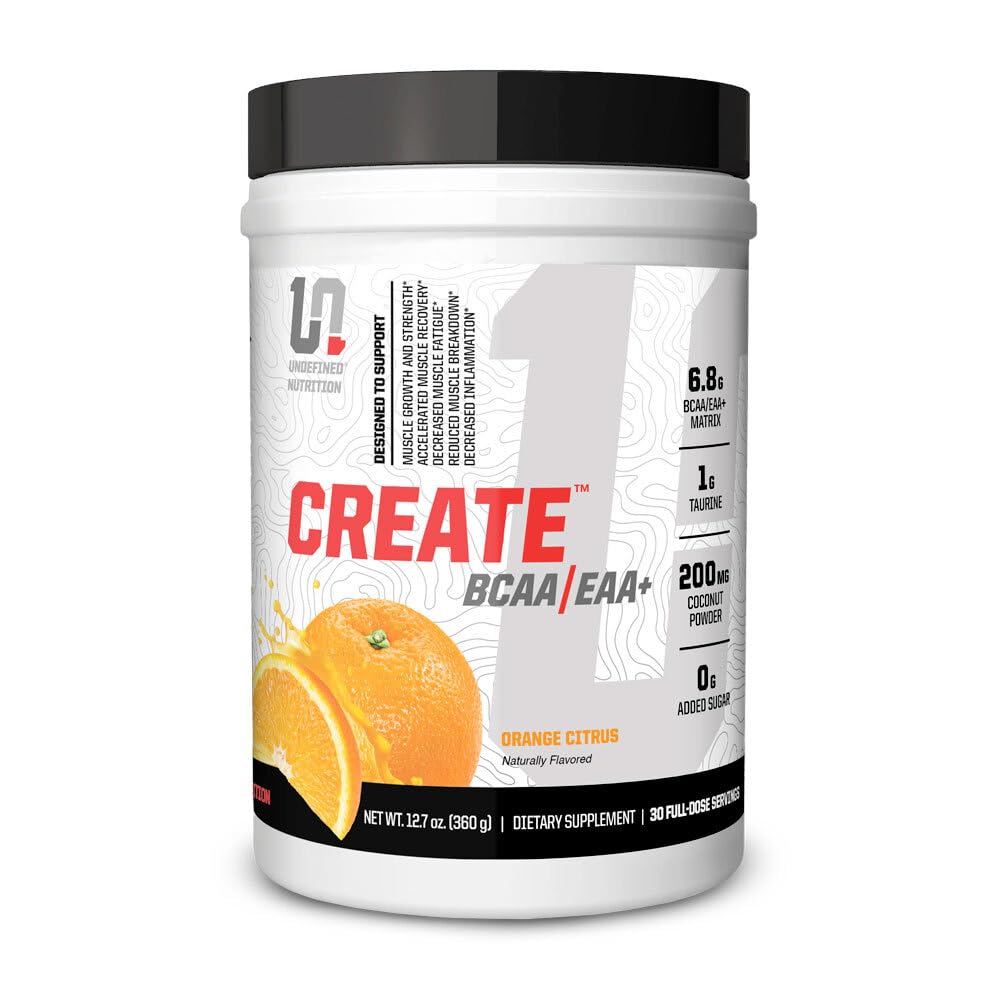 Undefined Nutrition Create BCAA EAA naranja cítrica, envase frontal, ideal para recuperación muscular y rendimiento sostenido