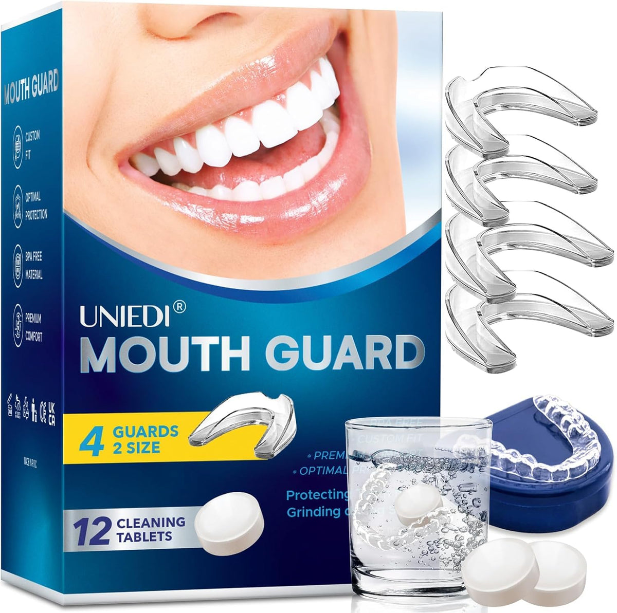 UNIEDI protector bucal nocturno para bruxismo, ajuste cómodo durante el sueño.