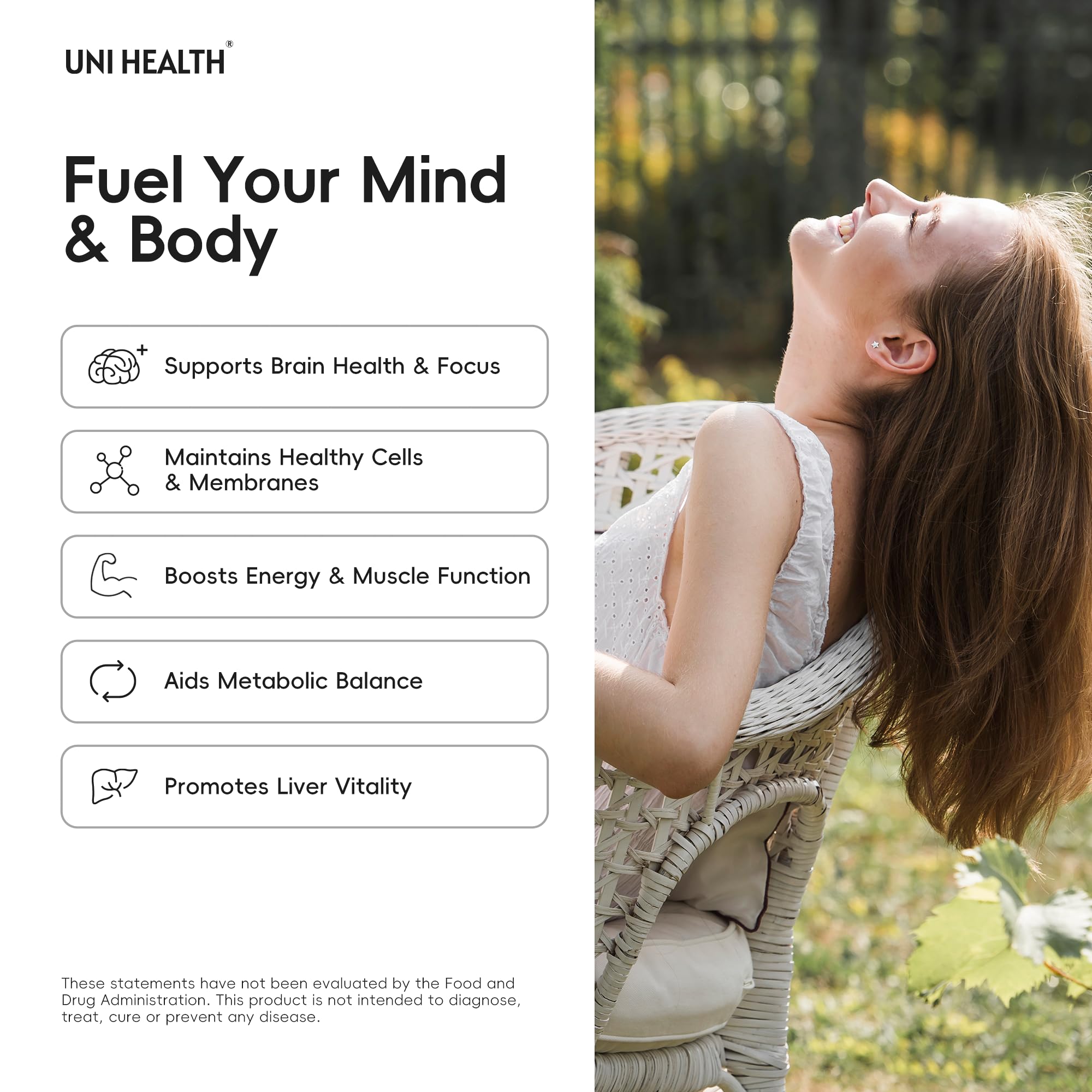 UniHealth Colina 500 mg, ayuda al metabolismo de lípidos y función hepática.