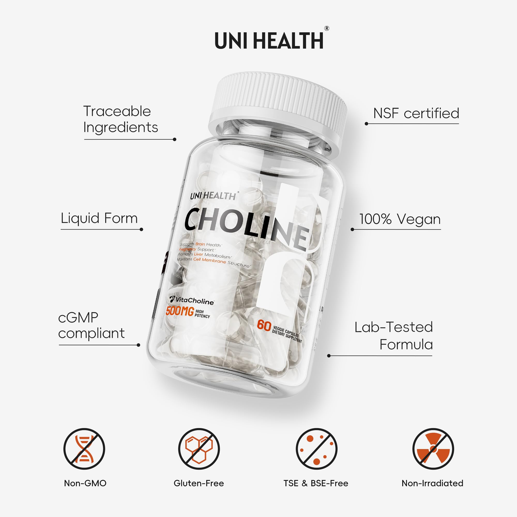 UniHealth Colina 500 mg, vegano y libre de gluten para adultos.