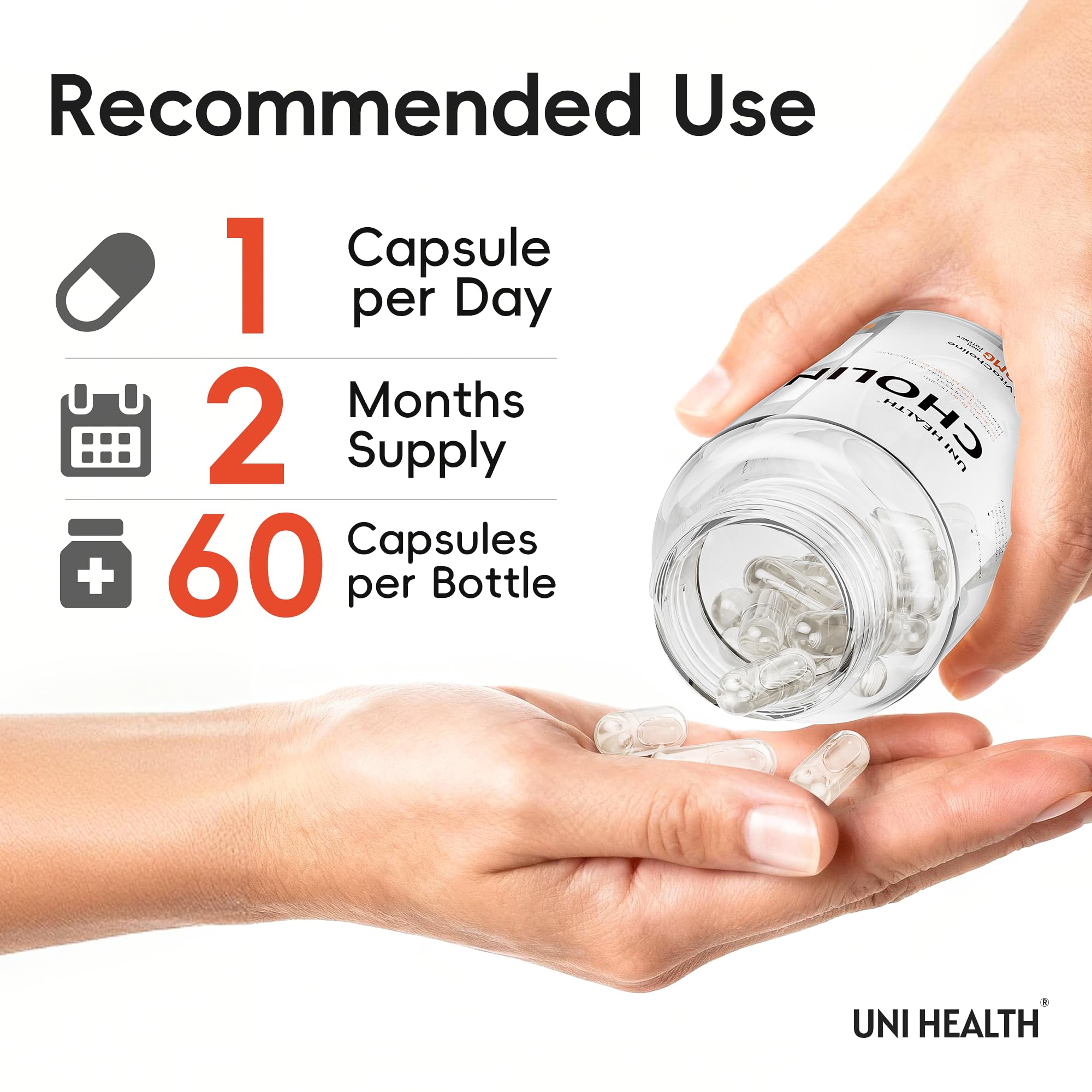 UniHealth Colina 500 mg con VitaCholine, fuente bio disponible para neurotransmisores.