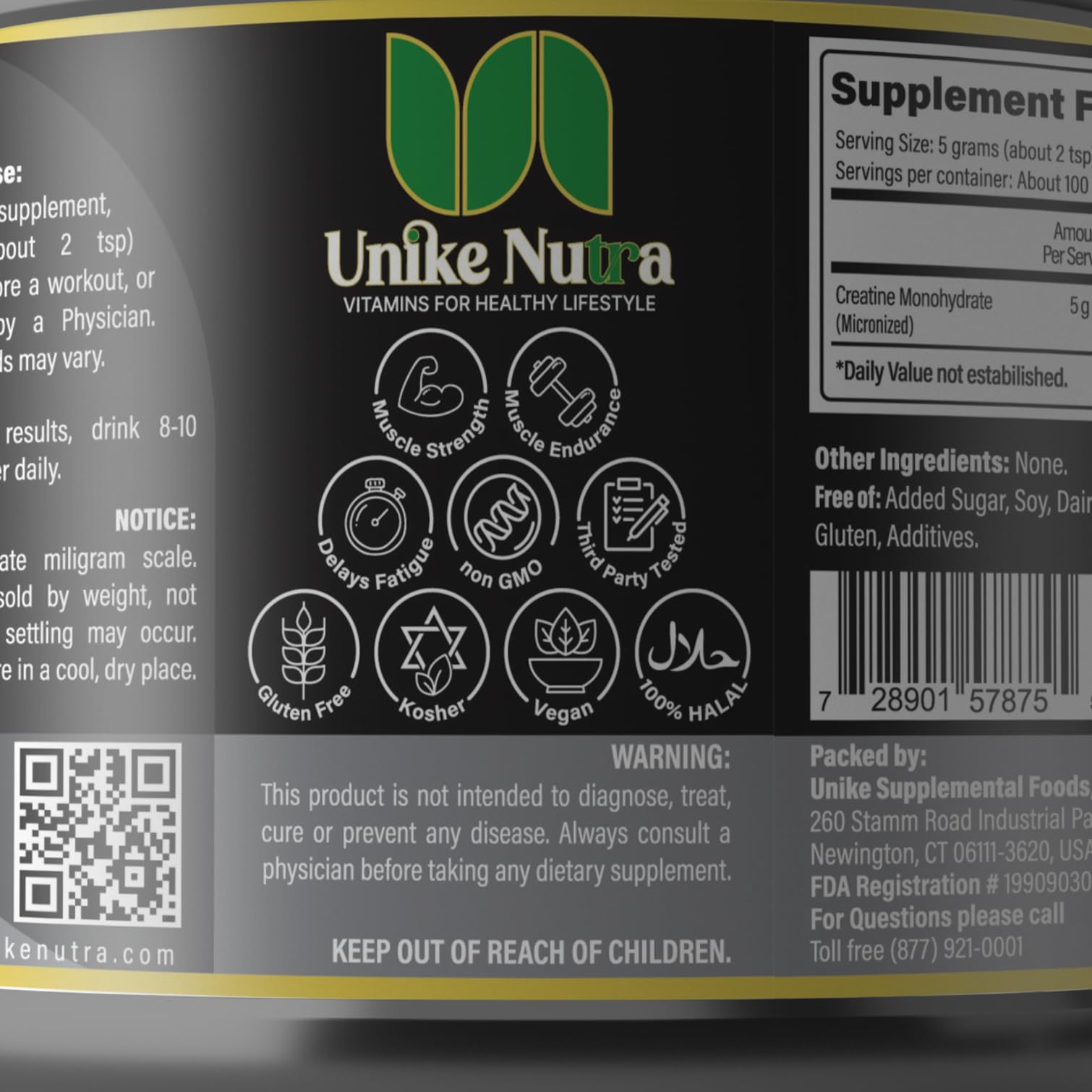 Unike Nutra creatina monohidrato sin gluten para planes diarios de ejercicio