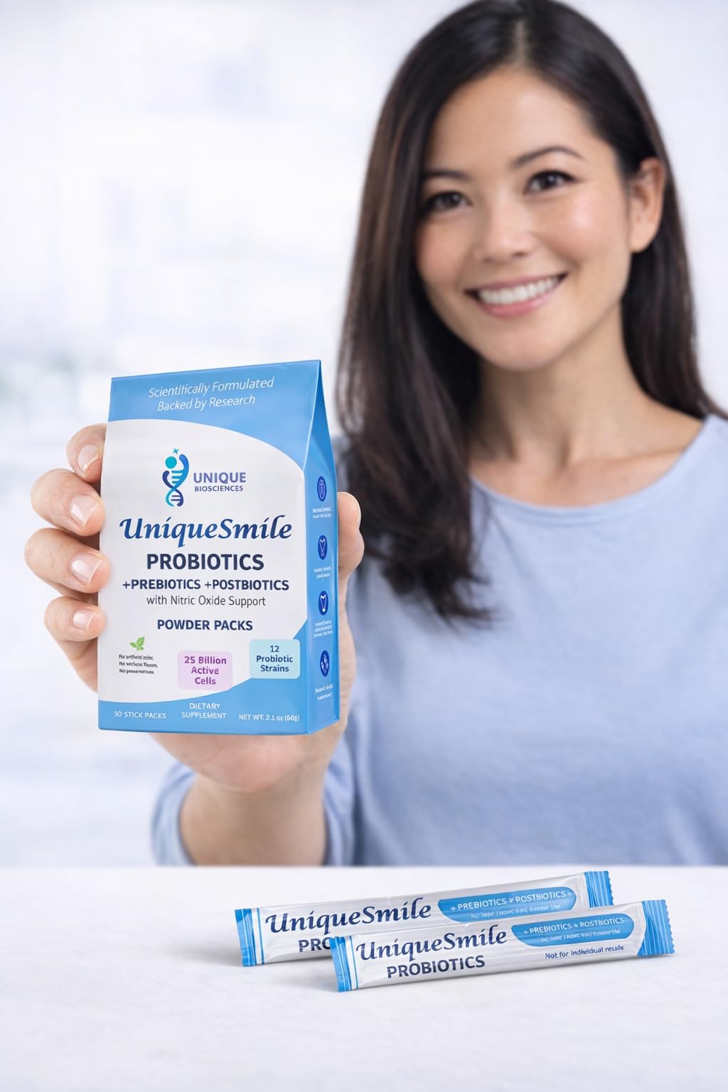 UniqueSmile Probiotics, paquetes individuales para uso diario.