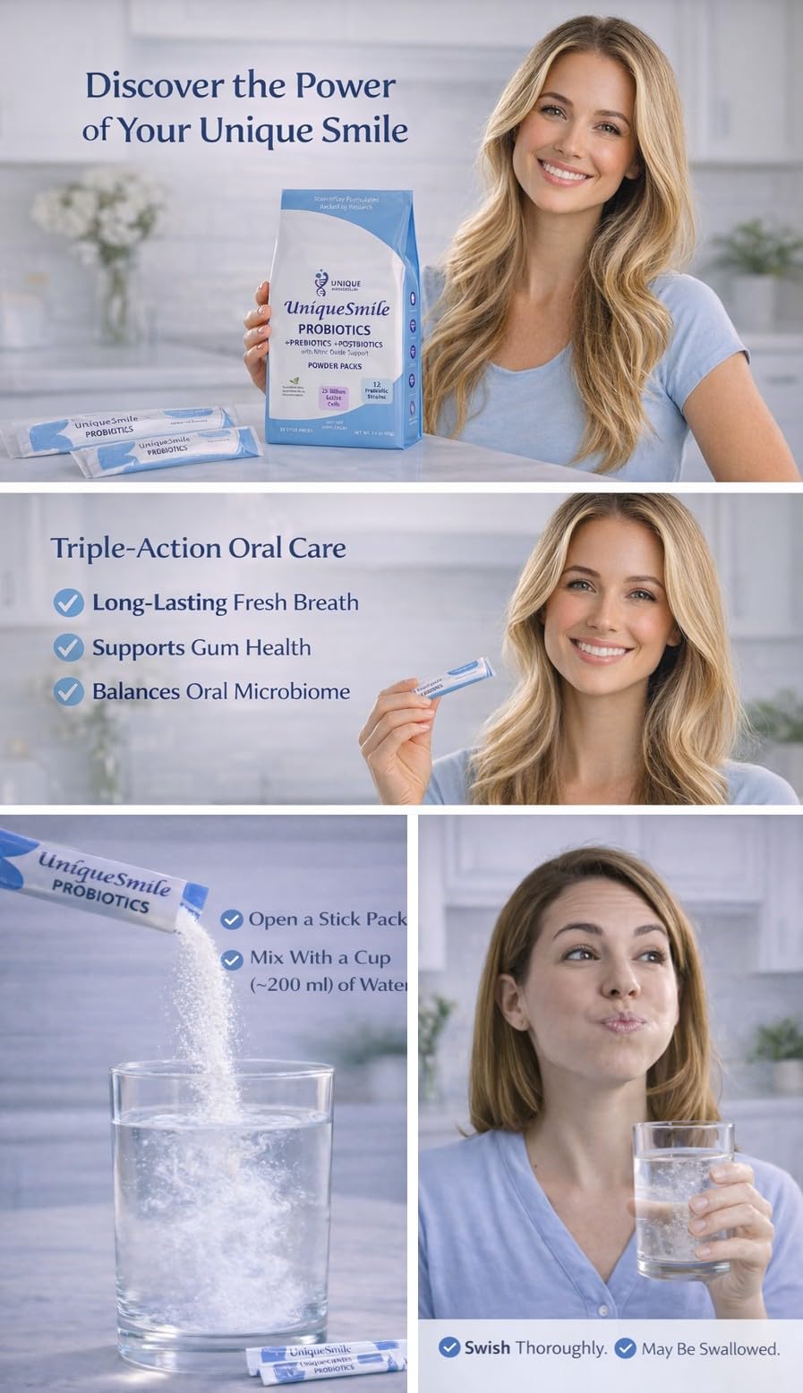 UniqueSmile Probiotics frasco exhibe postbióticos para soporte funcional.