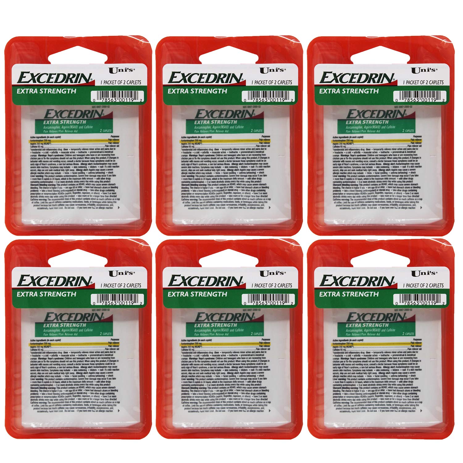 Uni's Excedrin Extra Strength: caja del producto lista para uso diario