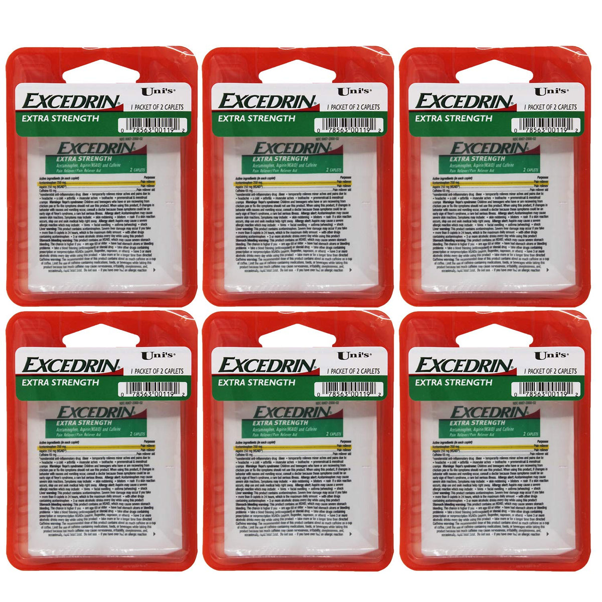 Uni's Excedrin Extra Strength: caja del producto lista para uso diario