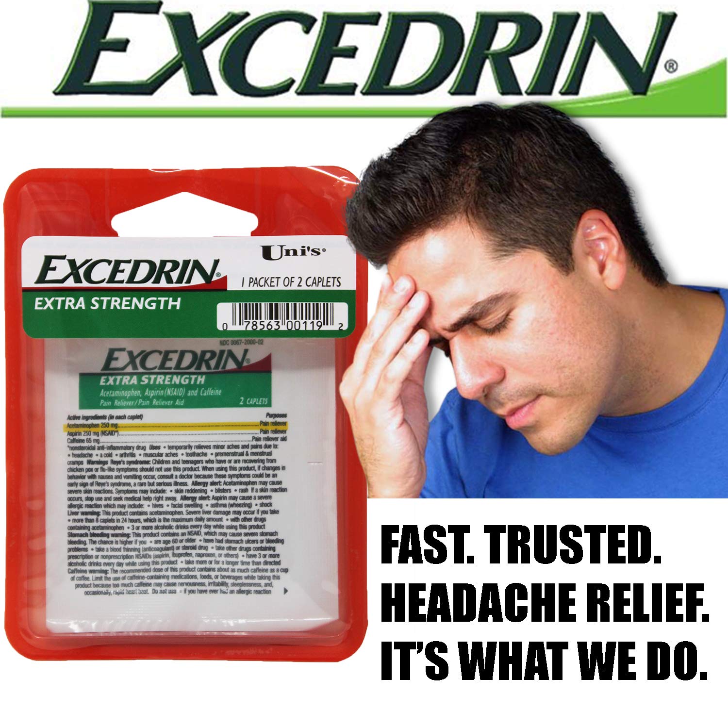 Uni's Excedrin Extra Strength: dos cápsulas por dosis para alivio rápido